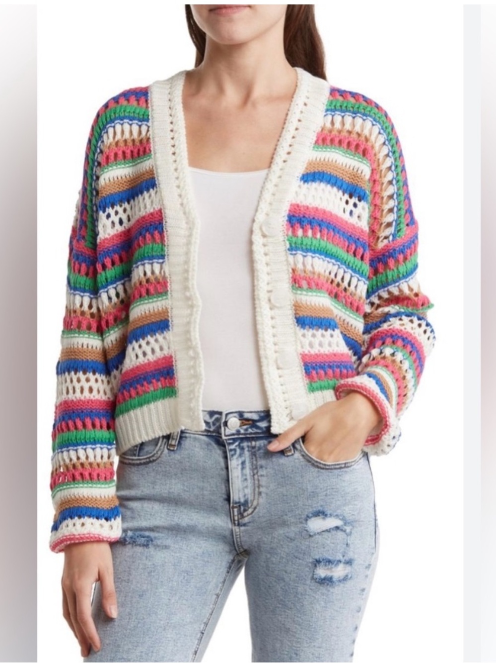 Vigoss White Open-Knit Cardigan with Bright Multicolor Stripes